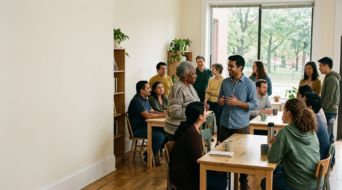 People of different backgrounds standing together in a bright community room, suggesting connection and shared purpose.